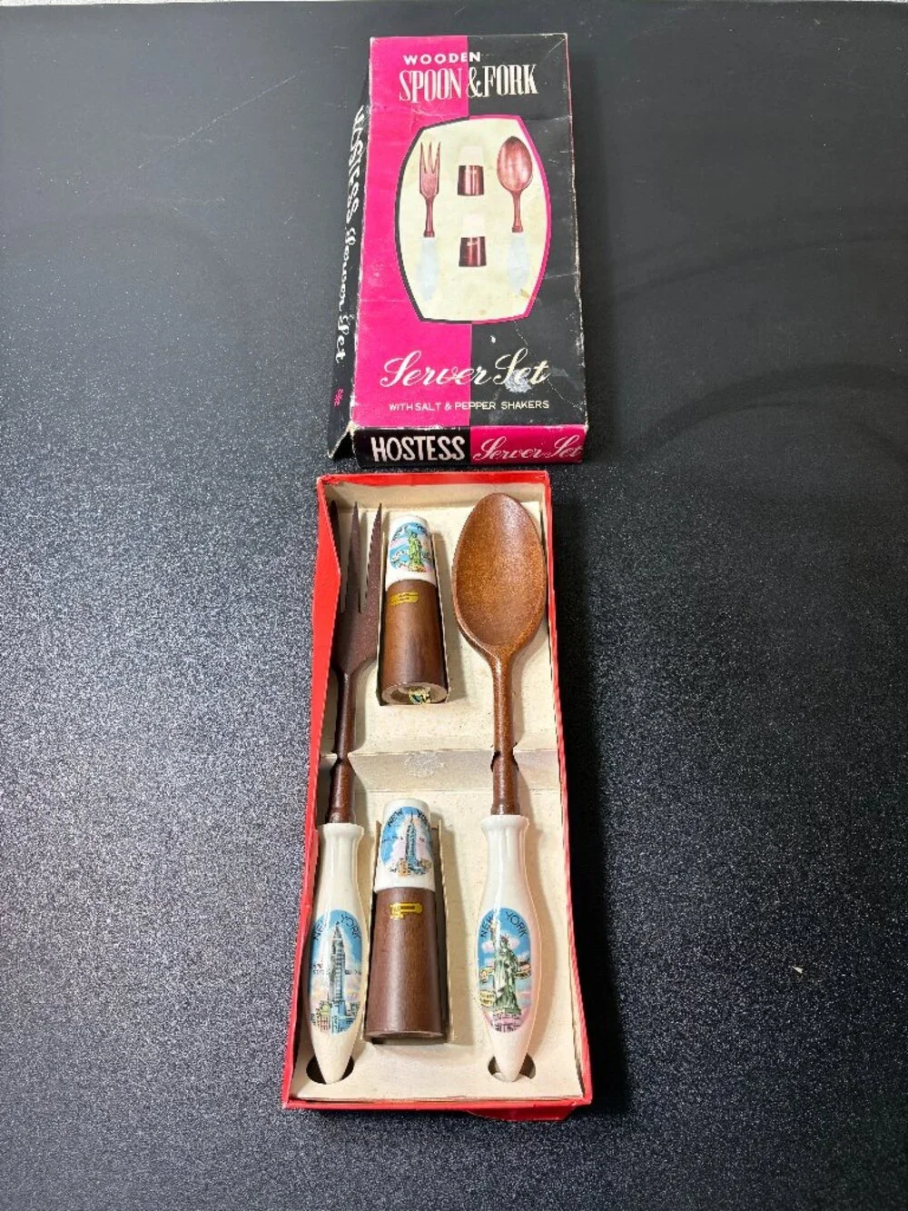 Vintage New York Wooden Salad Serving Fork & Spoon, Salt & Pepper Shaker